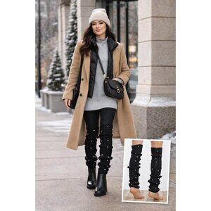 Black Pearl Ribbed Knit Leg Warmers Slouchy Boot Cuffs 26"